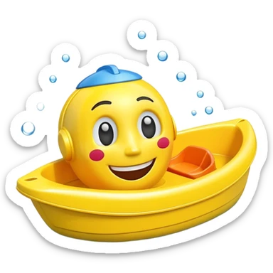 A yellow plastic toy bath boat with a big happy smiling face on the front sticker