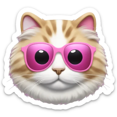 Fluffy fat cat with white heart sunglasses and a pink ribbon on each ear sticker