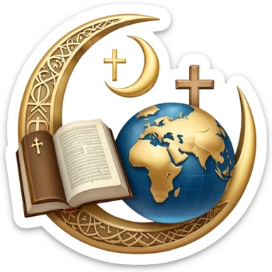 An icon featuring a Bible, The Quran, The Orthodox cross, a crescent moon, symbolizing the study of religions. The design includes diverse religious symbols and a globe, representing global beliefs and spiritual practices. Transparent background highlights the exploration of faiths and traditions. sticker