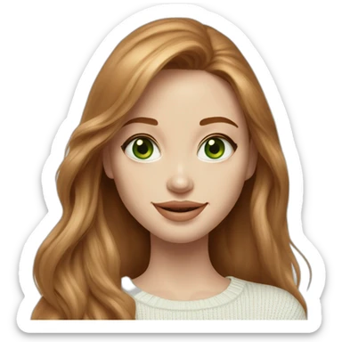 beautiful girl, white, with long loose wavy hair, ginger hair,light green eyes, looks like Angelina Jolie, smiles at the camera, good teeth, white sweater, realistic drawing sticker