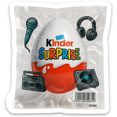 Kinder Surprise egg with standard packaging, toys including microphone, boombox, headphones, DJ setup, glossy and puffy vacuum-sealed style sticker