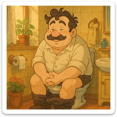 man pooping on toilet, exaggerated features, ghibli style sticker