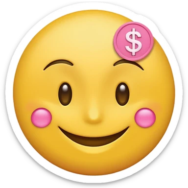 smiling yellow round emoji with pink money signs as eyes, with raised eyebrows sticker