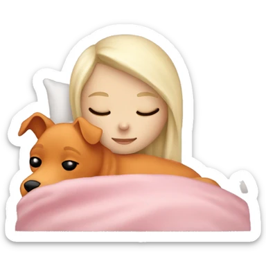 White blonde girl who sleeping peacefully with his orange dog in a bed with a white pillow and a pink blanket sticker