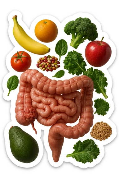 verdure, frutta intera, legumi, cereali integrali FLUTTUANO IN ARIA DIETRO AD UN INTESTINO UMANO ANATOMICO REALISTICO CON MASSA TUMORALE VISIBILE SUL COLON, iperrealistico 4k sticker