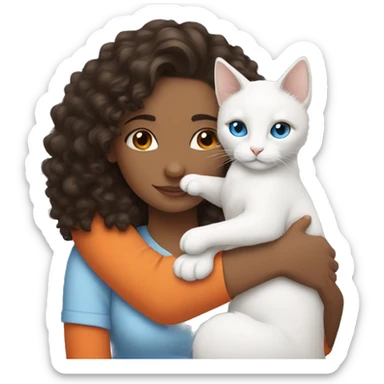 A brunette and curly hair woman hugging a white cat with blue eyes and orange ears sticker