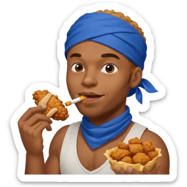 black man eating fried chicken with blue bandana and cigarette in teeth sticker