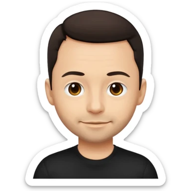 Paul Landers, apple style emoji, friendly face, short dark hair, black t-shirt sticker