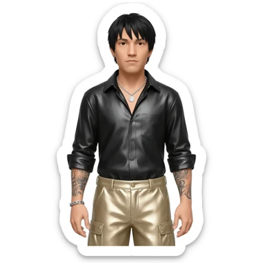 Chino Moreno with black hair, black metallic shirt, beige metallic baggy pants, silver necklace sticker
