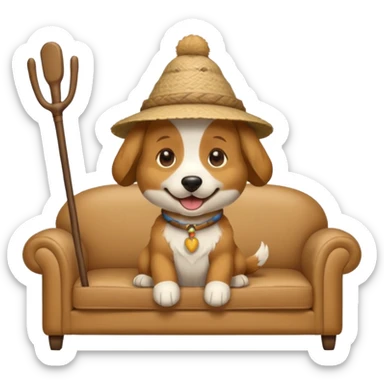 A dog that has a stick hat and a sofa shirt sticker