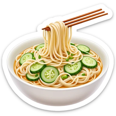 Liangpi Cold Skin Noodles with julienned cucumber and sesame sauce, simplified emoji style with bold outlines and bright colors, cartoon style Shaanxi cold appetizer sticker