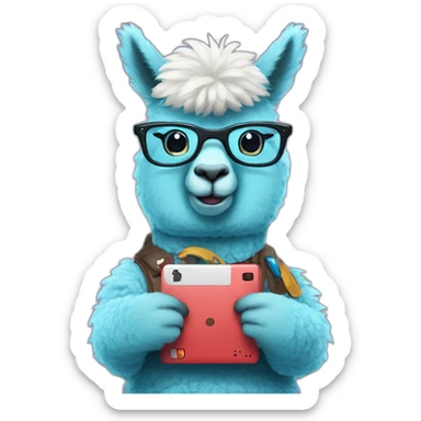 blue alpaca with and glasses holding a nintendo sticker