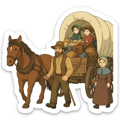A poor American pioneer family in the 1840s setting out with a horse and wagon stuffed with their belongings to migrate to the American West. sticker