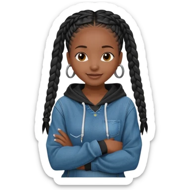 African American dark skin girl with long black box braids wearing a plain black hoodie with denim skinny jeans with arms folded across chest sticker