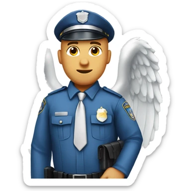 A WHITE Police man bald with blue uniform and cap with Big ANGEL WINGS sticker
