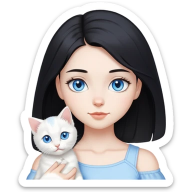 Chica con pelo negro hasta los hombros con gatito blanco con ojos celestes  sticker