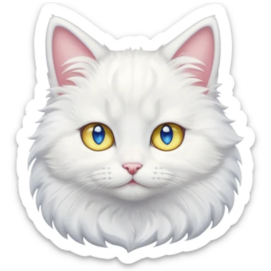 Make me a cute white fluffy cat anime style with one blue eye and one yellow eye, make the eyes big kawaii style sticker