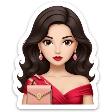 A woman with slightly darker almond-toned skin, voluminous dark hair in waves, expressive eyes with soft lashes and shimmer, full lips with a glossy nude-pink color, wearing a red dress and a white crossbody sash with “Miss San Juan” in black letters, exuding elegance and confidence. sticker