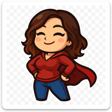 Create a chibi emote of a woman from the reference images with a slightly skinnier body and bigger chest, wearing a red hoodie and blue jeans, superhero cape pose, cute heroic face, no headband, no wand, no green heart, transparent background, and top color not matching jeans, matching the attached green heart emote as a base style. sticker