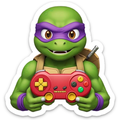 Donatello from Teenage Mutant Ninja Turtles, emoji style, playing a retro video game with a joystick sticker
