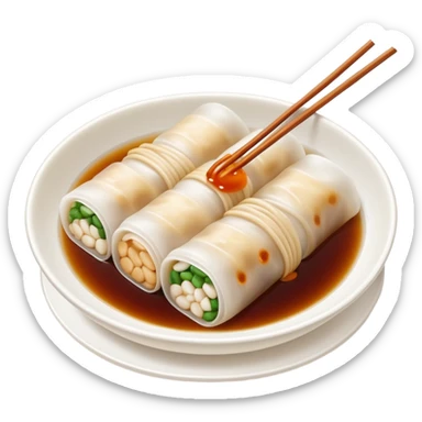 Guangzhou rice noodle roll Cheung Fun with soy sauce, simplified emoji style with bold outlines and bright colors, cartoon style dim sum specialty sticker