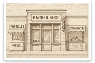 brohouse sartarosh xonasini chizib ber tashqaridan va uning yonida yupi va musqaymoq sotadigan lavkalar bulsin sticker