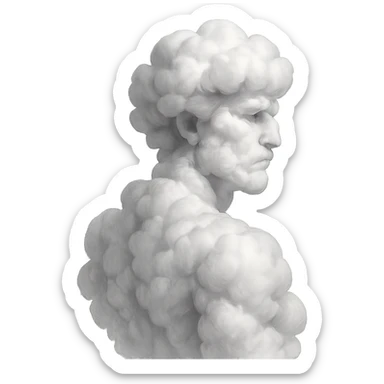 person fully made of voluminous clouds, shoulder view, looking straight, no background sticker