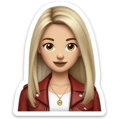 dark brunette girl semi pale skin and pretty eyelashes and medium thin brows, light brown eyes. silky long hair with long fringe hair parted down the middle, blush slightly, girl wearing a pretty necklace with, girl a red leather oversized leather jacket  sticker