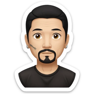 Older Spanish male. Asian eyes. High angled eyebrows. Chin strap goatee.
Untucked, loose fitting black t-shirt. 
long black hair.
Even More tattoos. 
Peaceful sticker