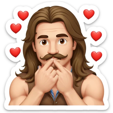 super jacked guy with long hair and a mustache, kissing his hand, there is hearts all around his head sticker