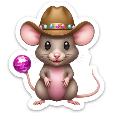 A rat wearing a cowboy hat with disco balls sticker