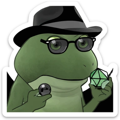 bufo with sharp, angular triangular black frame with dark grey smoked lenses, with a mini full dark powerful orb in his hand sticker