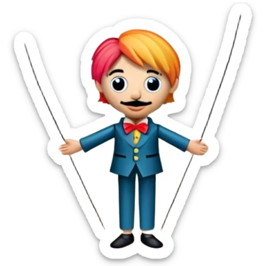 Icon for Puppet Theater: a puppet on strings with theatrical curtains in the background, along with a small stage and dramatic lighting. The icon should represent the whimsical and artistic nature of puppet performance. Transparent background. sticker