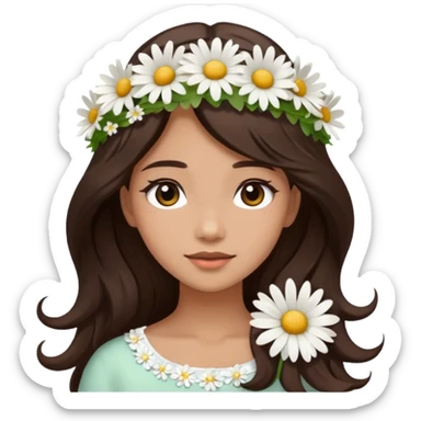 ["Medium skin tone female, long dark-brown hair with gentle waves, wearing a white daisy floral crown."] sticker
