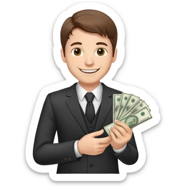 white male in a suit with money in his hand, smiling expression, happy face, brown hair sticker
