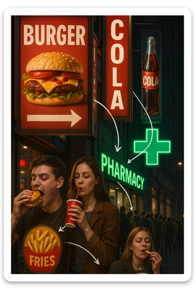 Realistic, vertical scene: a city street filled with bright, enticing advertisements for junk food and alcohol. In the foreground, people indulge in unhealthy foods and drinks, while in the background, a large pharmacy sign glows, and a line of people waits to buy medicine. Subtle arrows or visual cues connect the unhealthy choices to the need for medication, highlighting the cycle. in italiano sticker