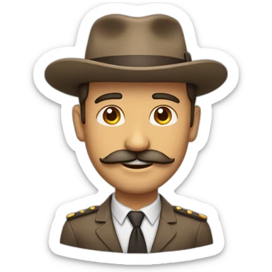 Bold man with big mustache and tan skin and a big smile and sticker