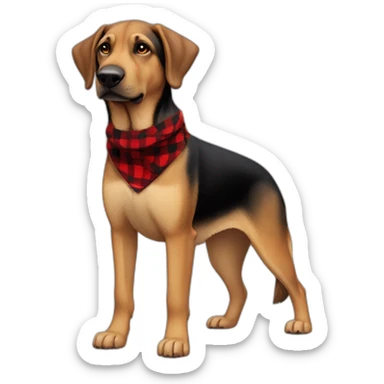 adult 75% Coonhound 25% German Shepherd mix dog with visible tail wearing small pointed red buffalo plaid bandana full body side view sticker