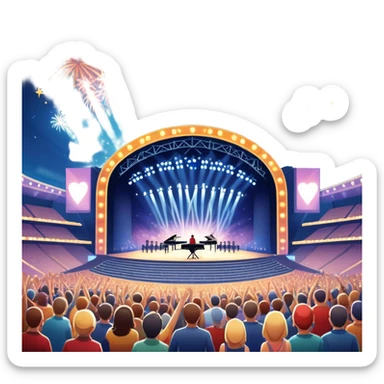An icon showing a stadium stage with a concert in full swing, bright stage lights illuminating the performers, and fireworks bursting in the sky. The excitement of the crowd is palpable, symbolizing a love for live music and unforgettable shows. transparent background. sticker