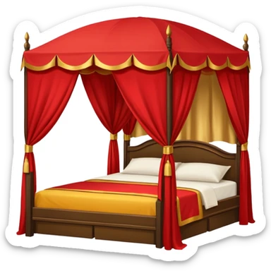 bed with red and gold sheets, wooden, canopy, simple, dark, no-tent sticker
