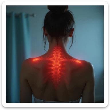 hyperrealistic 4K image of a woman seen from behind with red and inflamed shoulder blades, red skin between and above the shoulder blades, clinical environment, variant 1 sticker