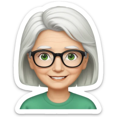 White hair grandma, green eyes, hair to shoulder, lokeg black glasses, rectangles face, smile , sticker