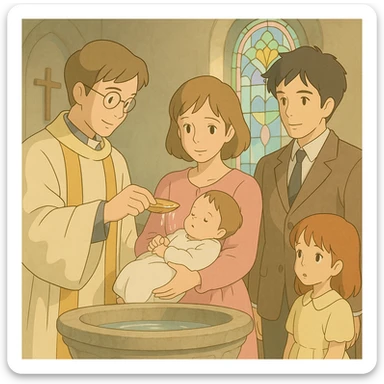 Christian baptism scene, gentle pastel colors, ghibli style sticker
