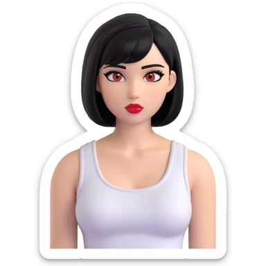 A pretty girl with black straight bob hair. She has hazel eyes with black eyeliner. She has plump red lips. She is wearing a white tank top sticker