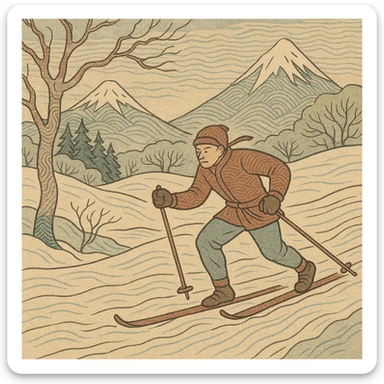 cross-country skier in ukiyo-e style, traditional Japanese woodblock print look, flowing lines, winter landscape sticker