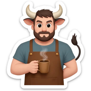 buff man with fat ass with bull ears and cow tail dressed like barista in brown apron with coffie in his hand sticker