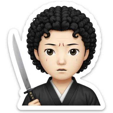 Korean murderer white skin with Asian eyes and holding knife with black Korean perm hair sticker