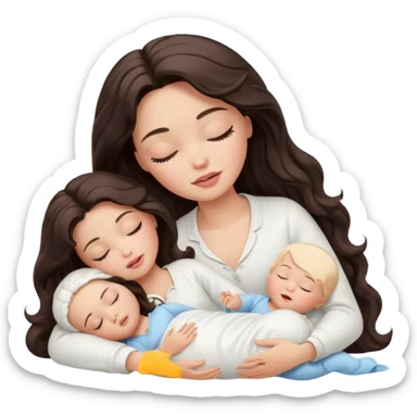 White Barbie girl dark brown long wavy hair in white clothes sleeping with white baby at cream bed, eyes are closed sticker