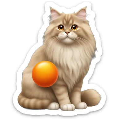 British longhair cat fawn color playing with an orange ball sticker