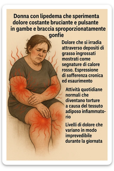 "Woman with lipedema experiencing constant burning and aching pain in disproportionately swollen legs and arms, pain radiating through enlarged fat deposits shown as red heat signatures, expression of chronic suffering and exhaustion, normal daily activities becoming torture due to inflammatory adipose tissue, pain levels fluctuating unpredictably throughout the day" scritte in italiano sticker